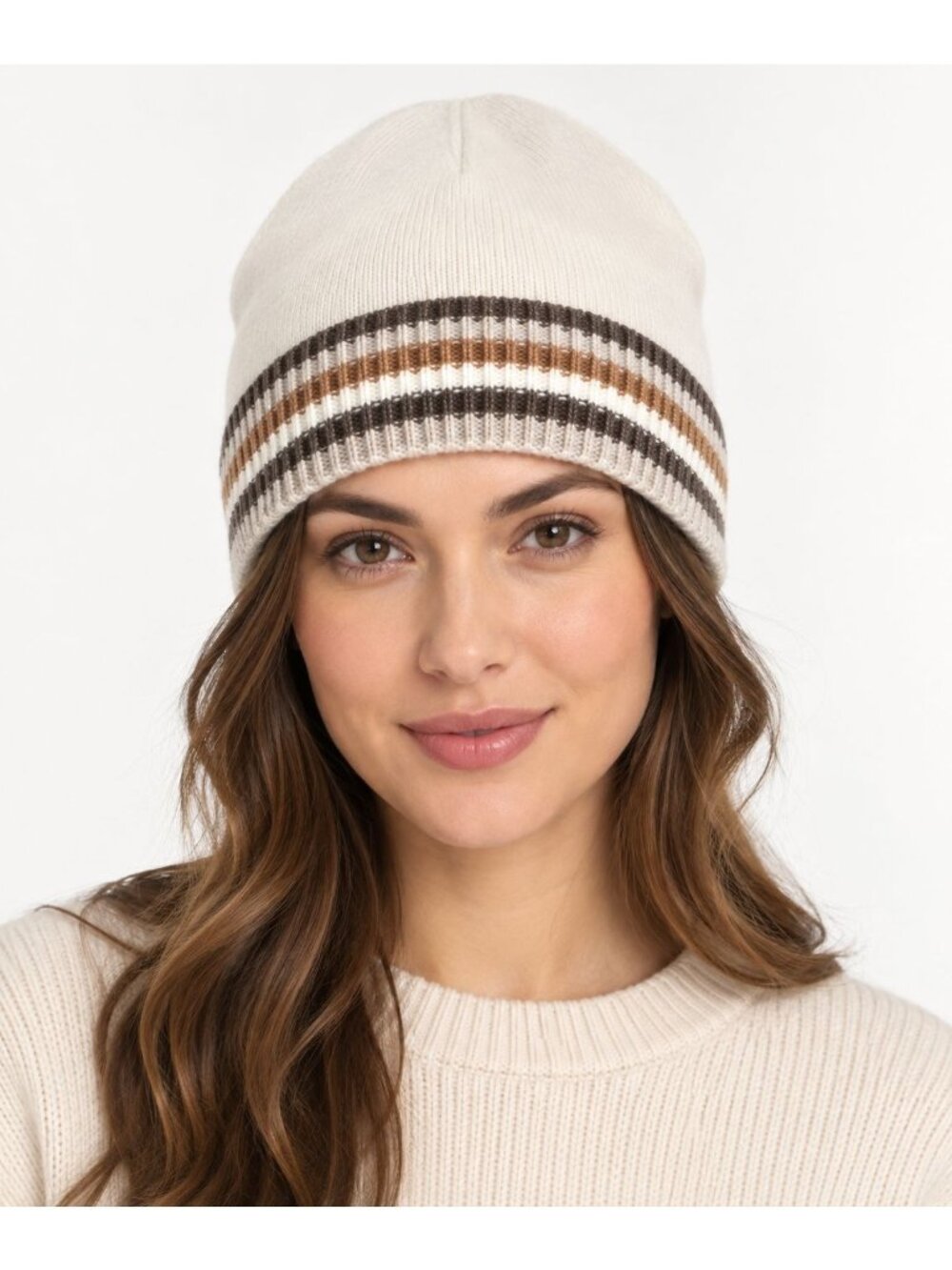 NWT Charter Club 100% Cashmere Stripe Cuffed Beanie Praline Ivory Size OS (2PCS)
